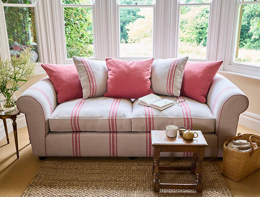 Lewes 3 Seater Sofa in Walloon Stripe Red with Scatters in Walloon & Linwood Luna